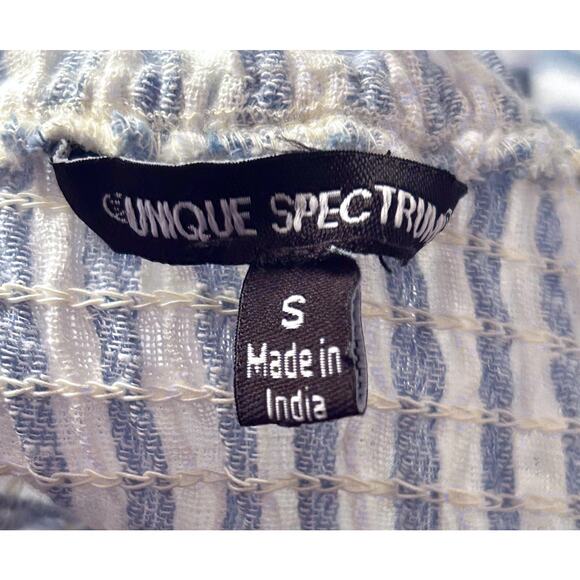 Unique Spectrum Small Blue & White Striped Shirred Square Neck Puff Sleeve Top - Picture 3 of 4